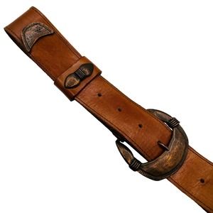 Vintage‎ Womens Cognac Brown Leather Belt Copper Buckle